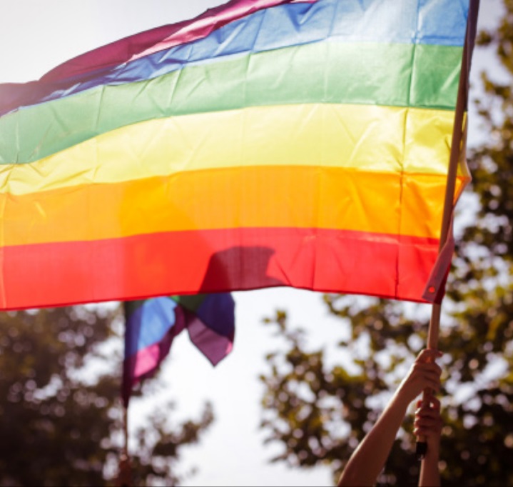 Rainbow flag being waved at a Pride march